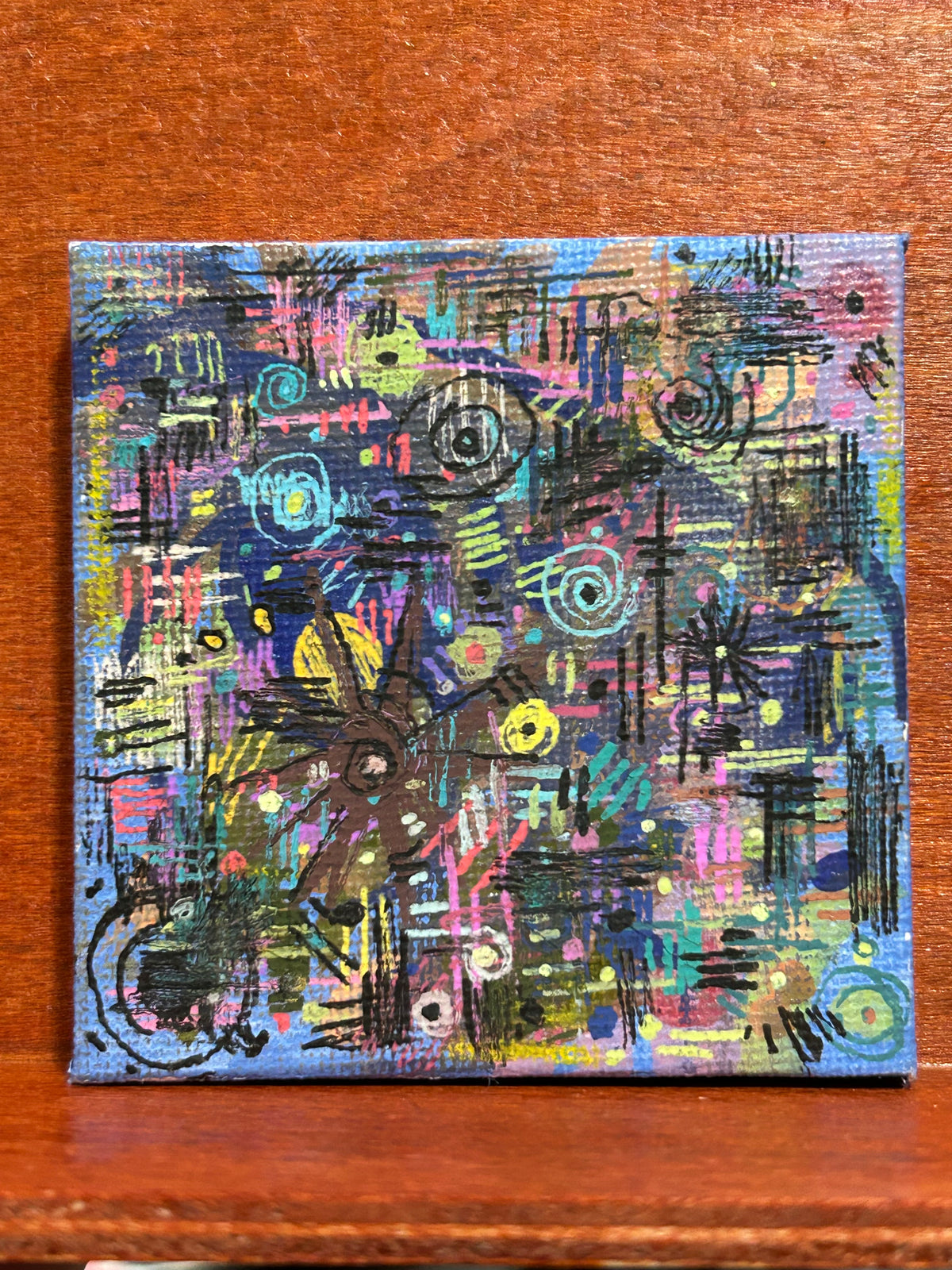 Clutter Minded Abstract Maximalism Original Mini Canvas Art, 2” x 2” Miniature Painting