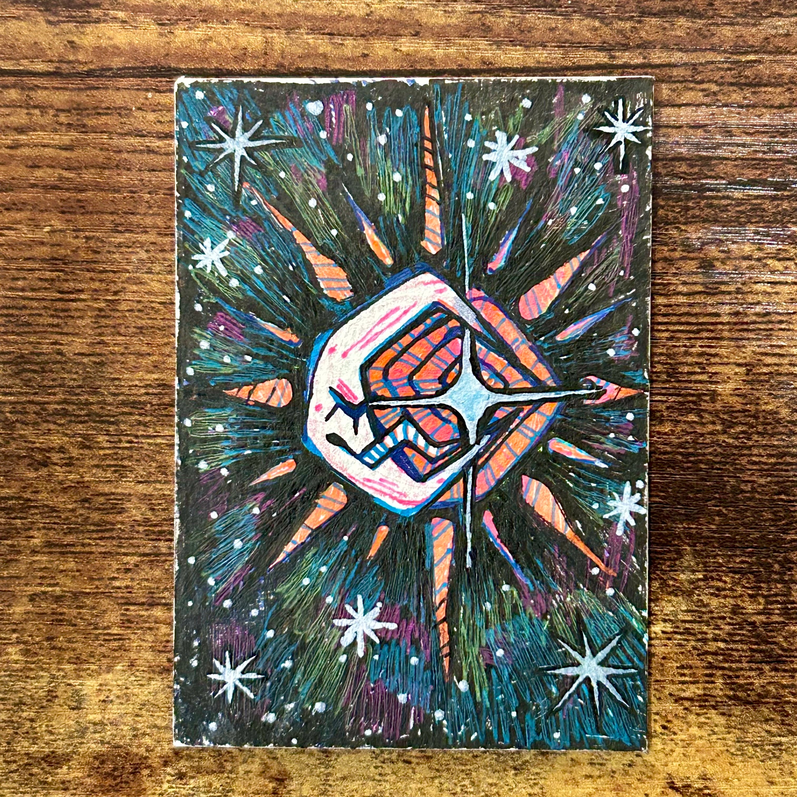 The Archivist's Compass Abstract ACEO |  Cosmic Core Miniature Mixed Media Art Painting (2.5" x 3.5")
