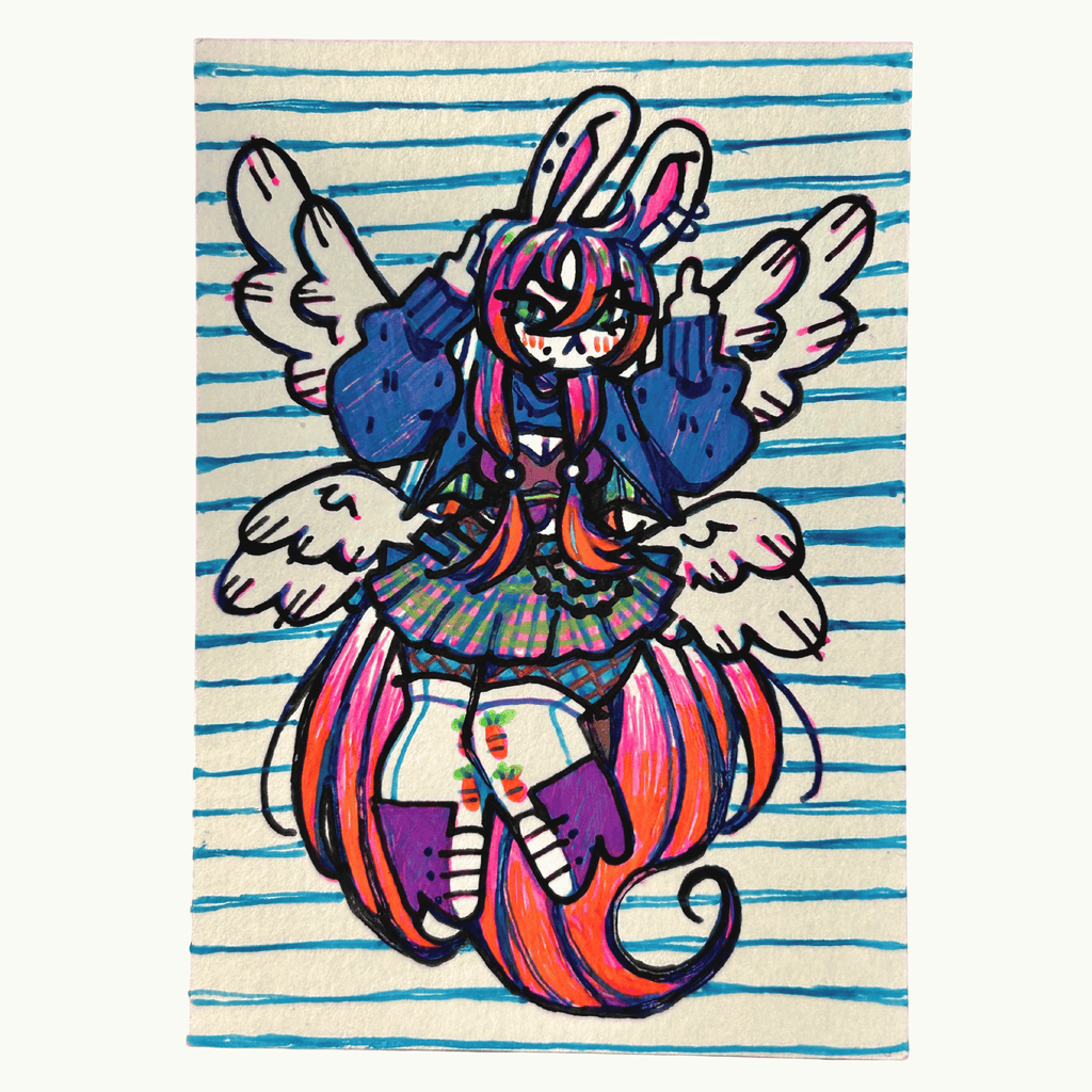Drawing of a bunny e-girl with wings flipping the bird