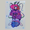Colorful illustration of a moth girl in an oversized hoodie in a grey background.