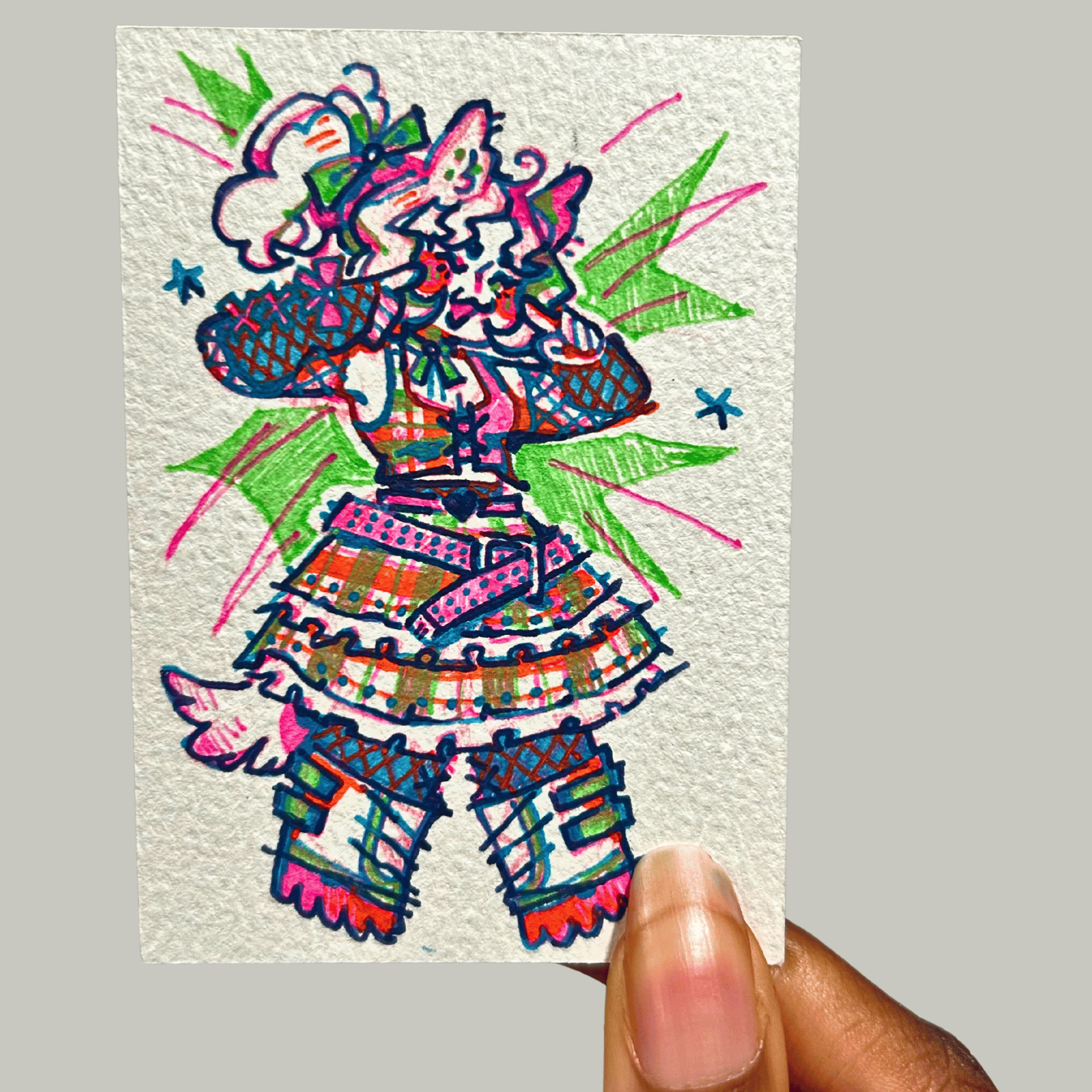 Pen art of a bubbly emo-scene dog girl