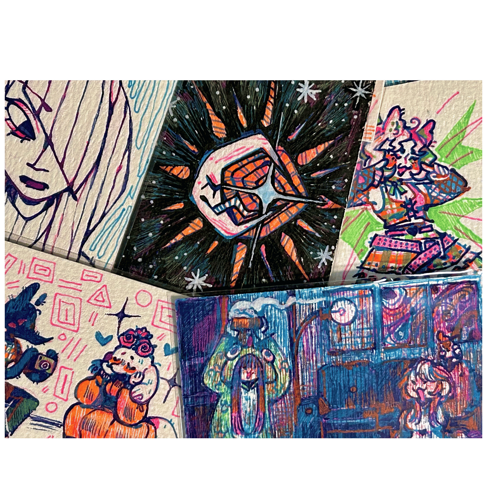 Collage of colorful abstract artworks with various styles and subjects.