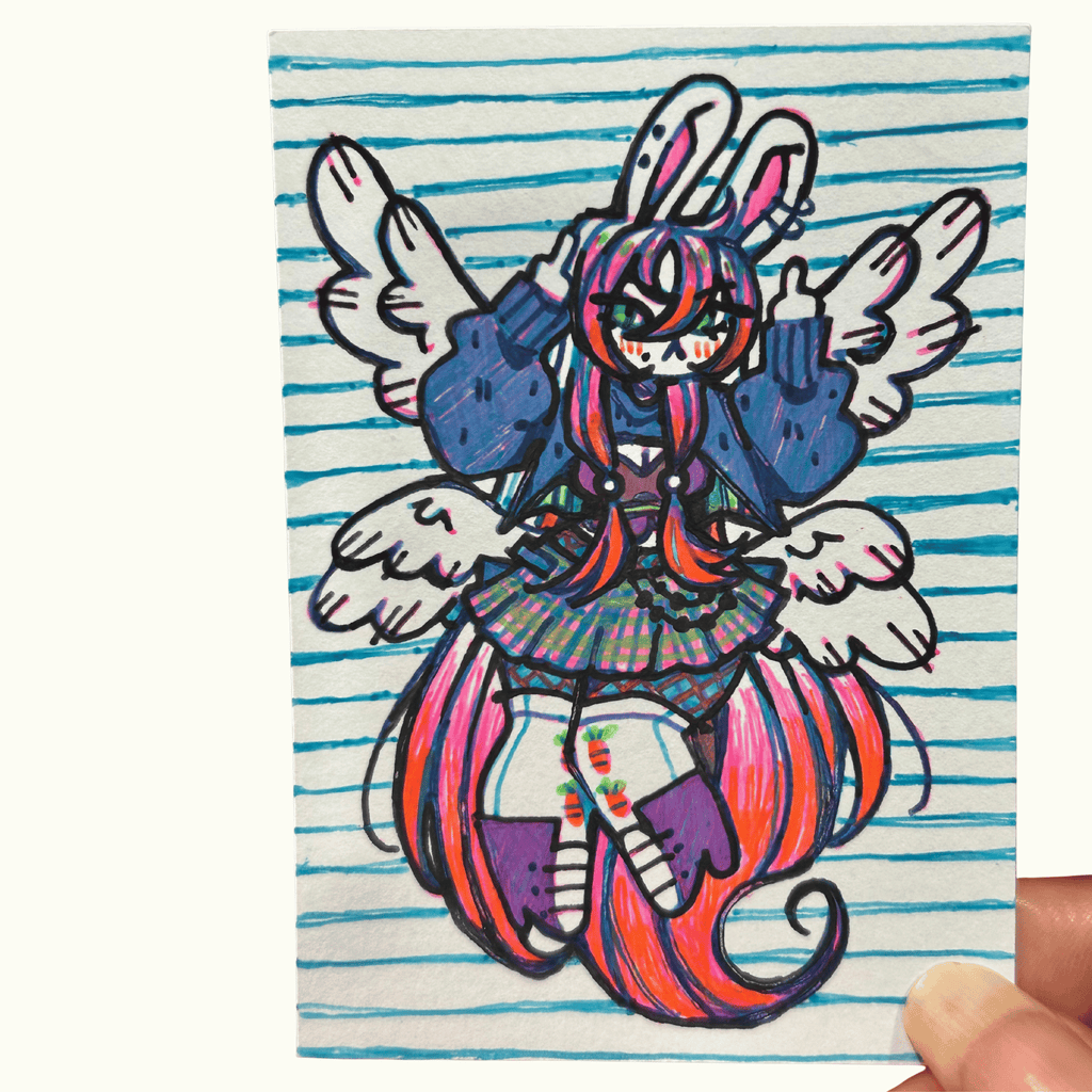 Colorful drawing of a character with wings on lined paper