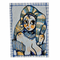 Drawing of a jester in blue and yellow pen