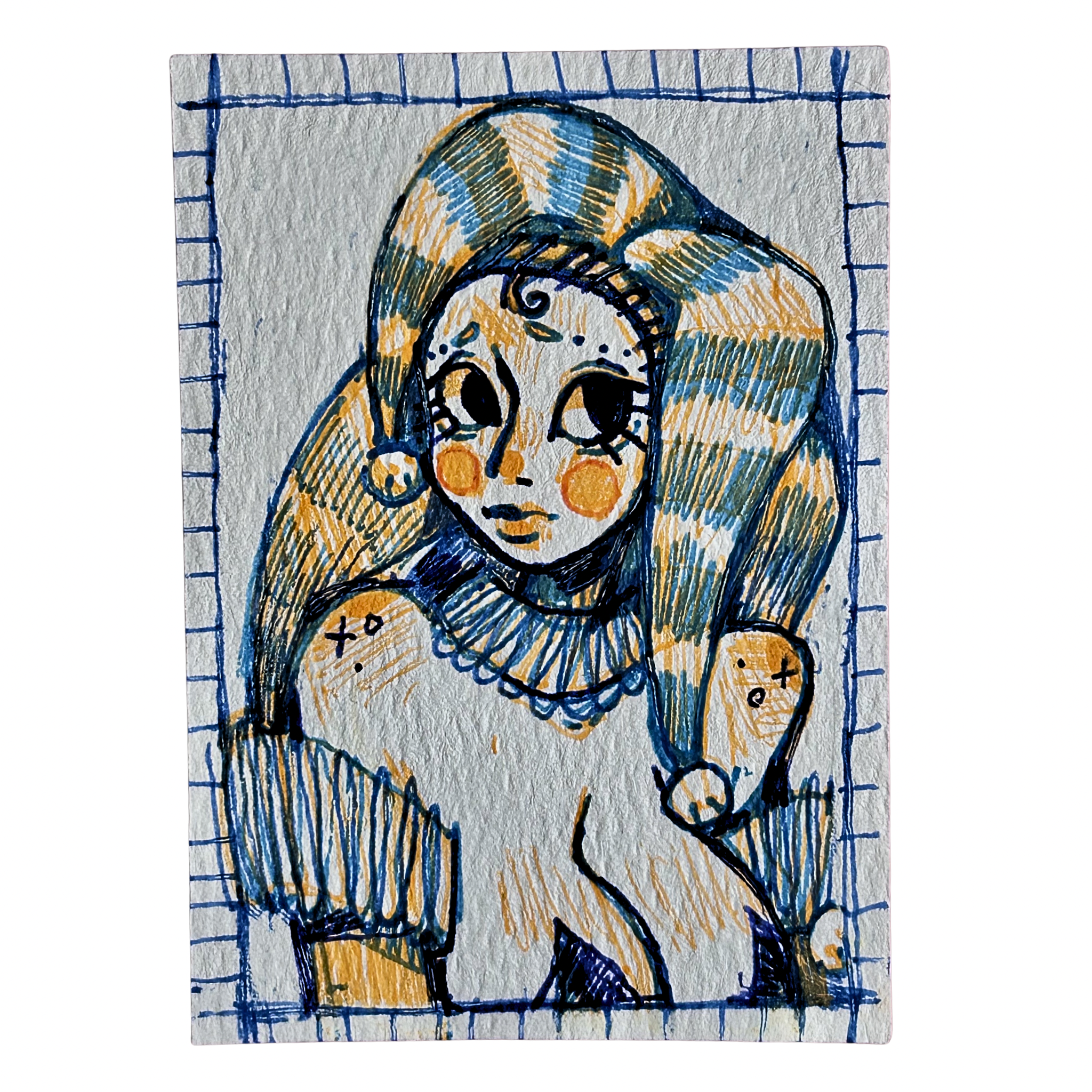 Drawing of a jester in blue and yellow pen