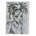 Black and white drawing of a person with decorative elements on a textured background