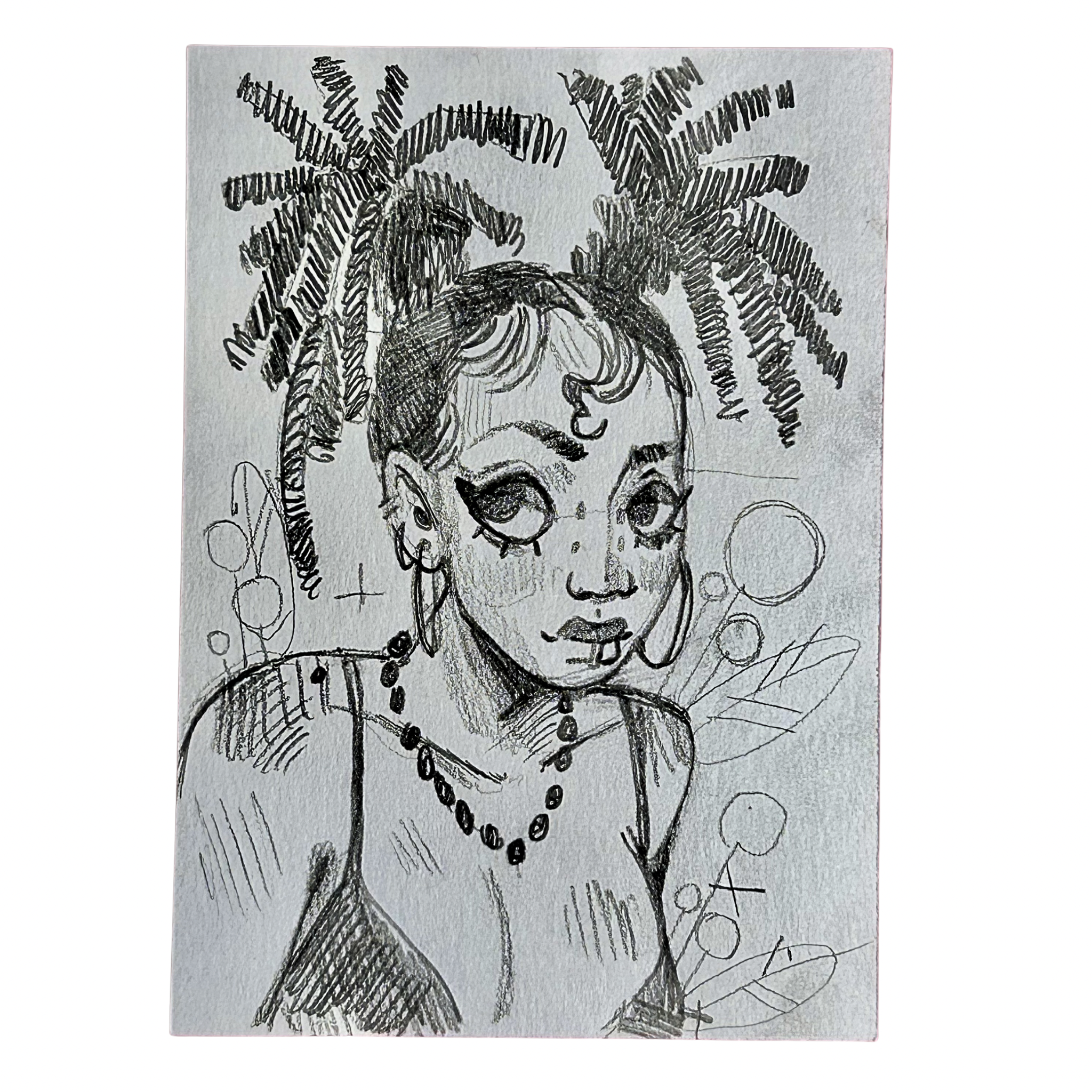 Black and white drawing of a person with decorative elements on a textured background