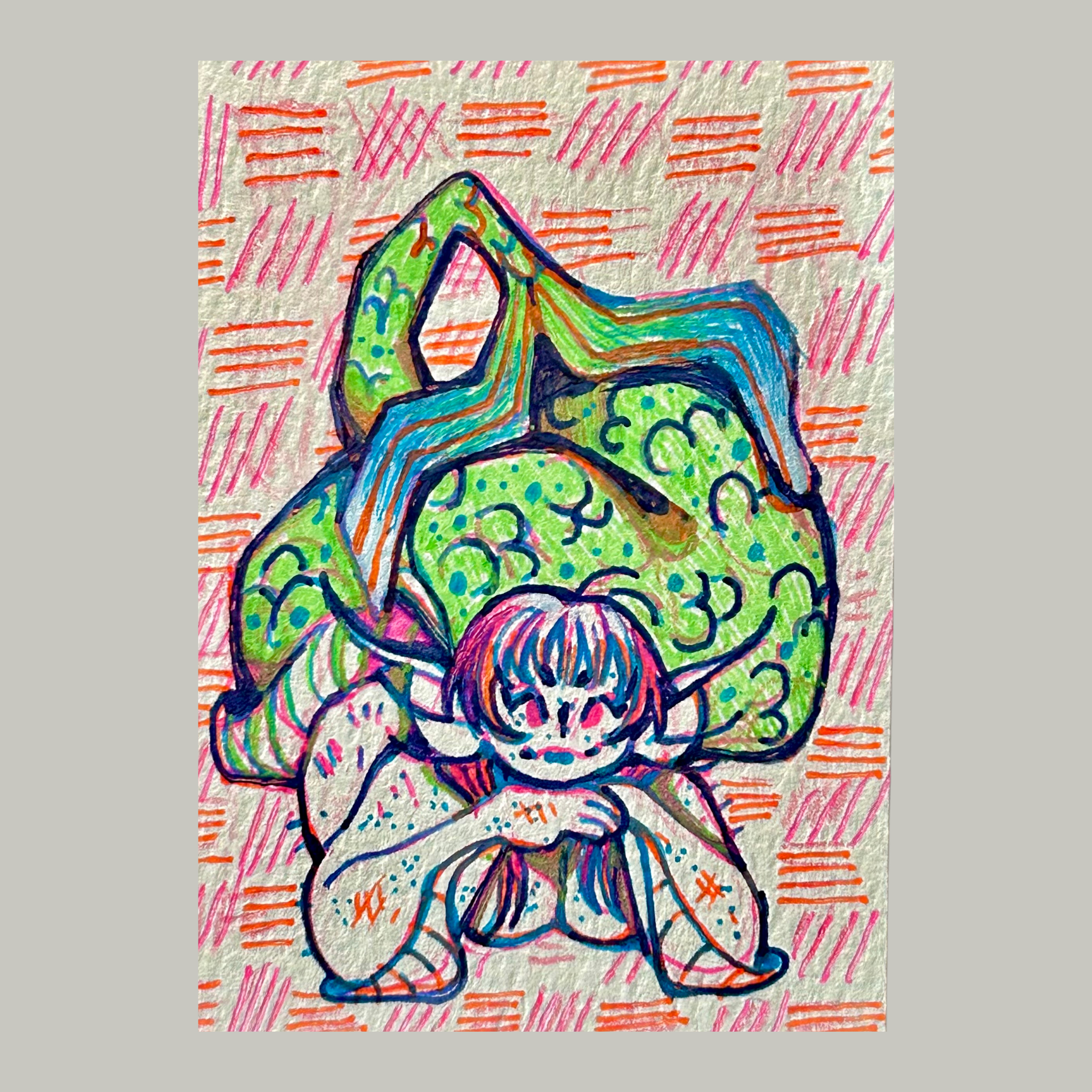 Colorful illustration of a mermaid with a large, abstract, cross hatching background