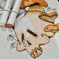 Illustration of a skull with mushrooms and flowers, using markers on paper.