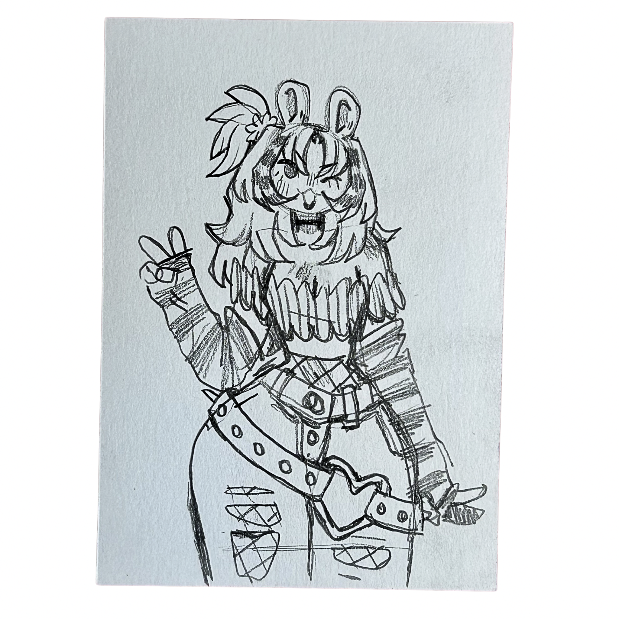 Black and white drawing of a character with animal-like features on a light gray background