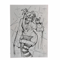 Black and white sketch of a character with a unique hairstyle and outfit on a textured gray background.