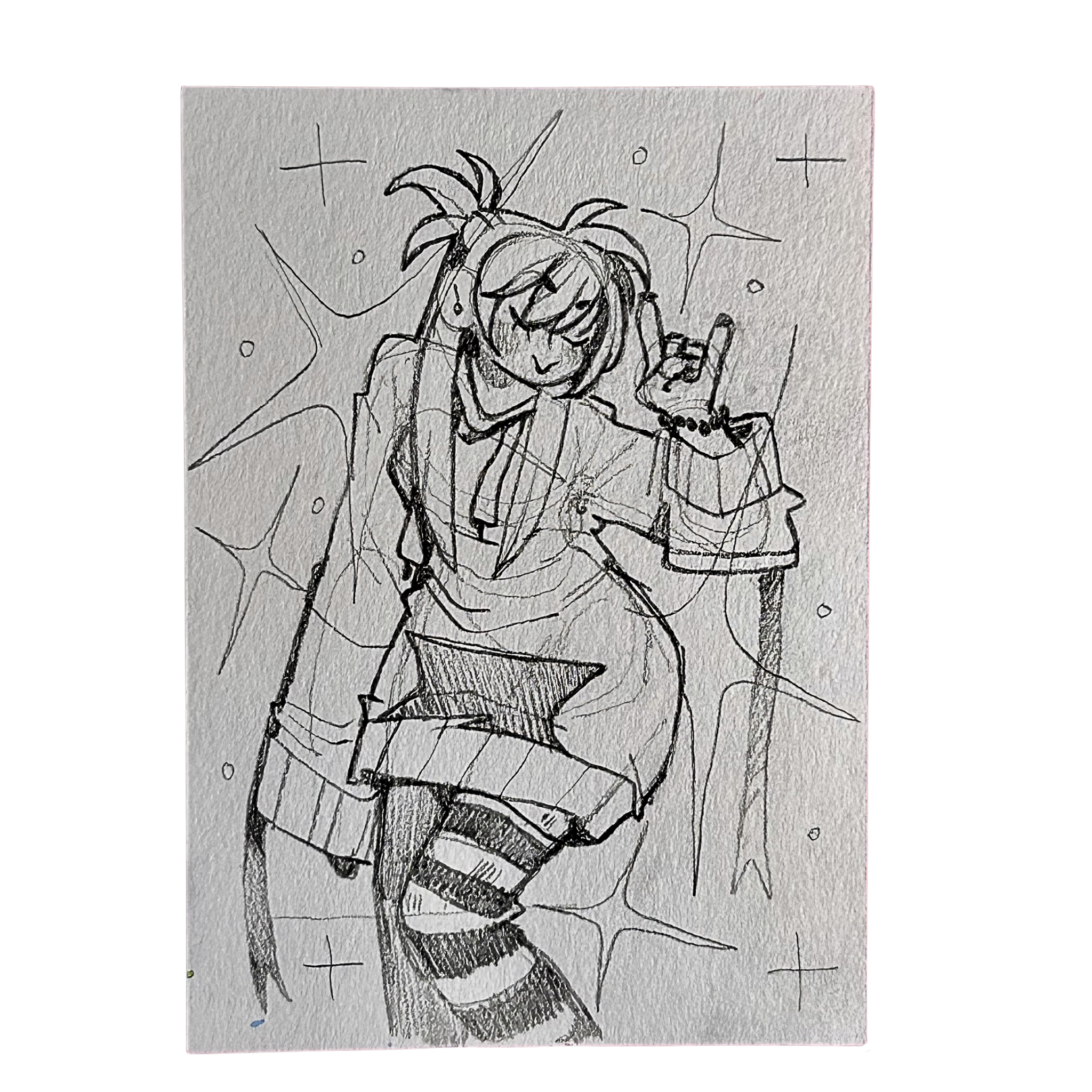 Black and white sketch of a character with a unique hairstyle and outfit on a textured gray background.