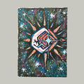 Colorful abstract painting with Sun, Moon and star-like shapes on a gray background
