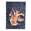 Colorful illustration of a face with stylized hair and eyes on a dark background