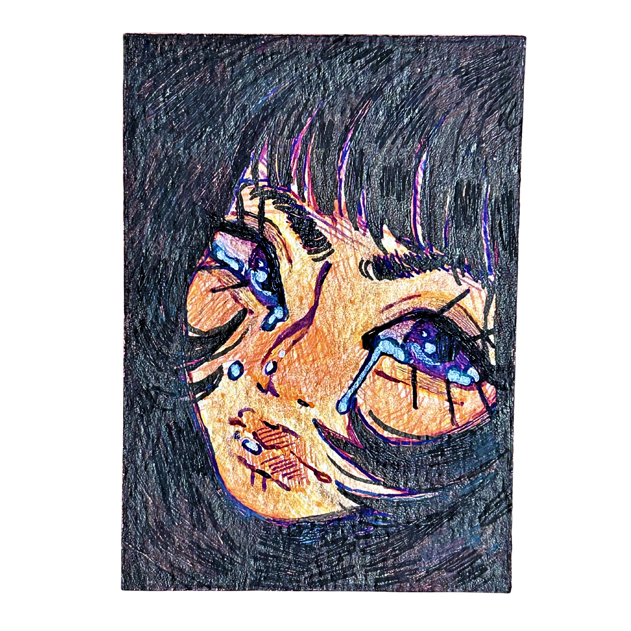 Colorful illustration of a face with stylized hair and eyes on a dark background