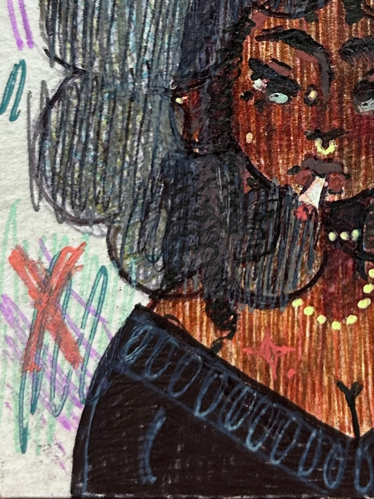 Detailed close up portrait from Don't Perceive Me illustrating the character's expressive face, tiny gold septum piercing, and delicate gold necklace detail by Canvas of Sug.