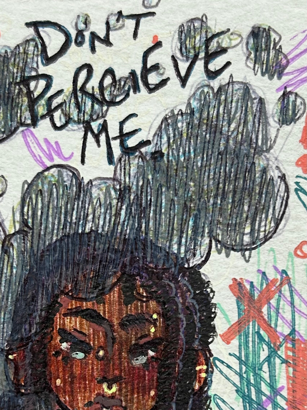 Close up detail of the vibrant background textures from Don't Perceive Me showing chaotic overlapping pen lines in green, violet, and bright orange-red by Canvas of Sug.