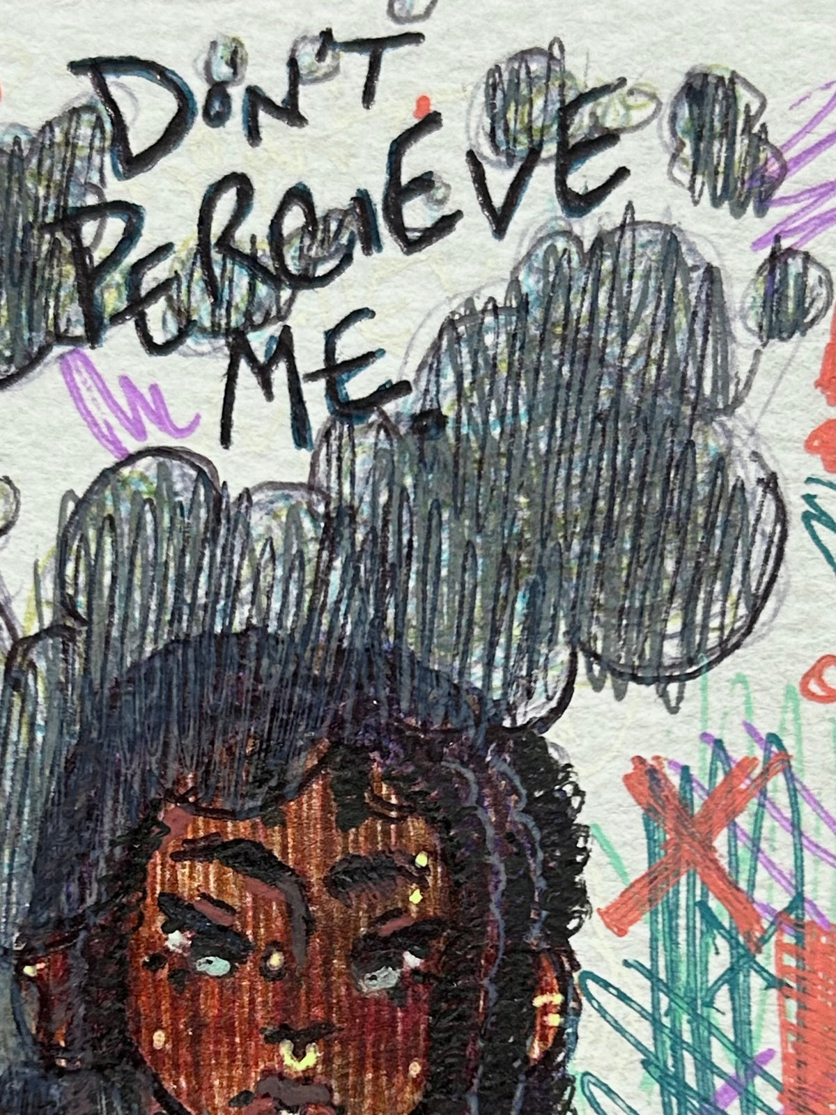 Close up detail of the vibrant background textures from Don't Perceive Me showing chaotic overlapping pen lines in green, violet, and bright orange-red by Canvas of Sug.