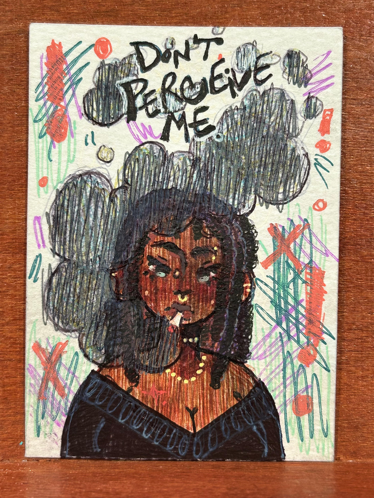 Full view of the original mixed media illustration titled Don't Perceive Me featuring a stylized character under a dark scribbled cloud with handwritten text by Canvas of Sug.