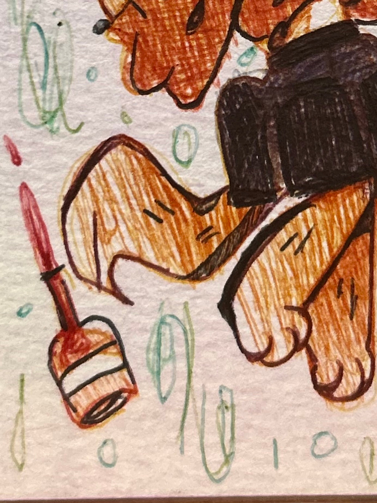 Macro view of Floating original artwork highlighting the detailed brown ink hatching on the character's clothing, long hair, and expressive features on paper by Canvas of Sug