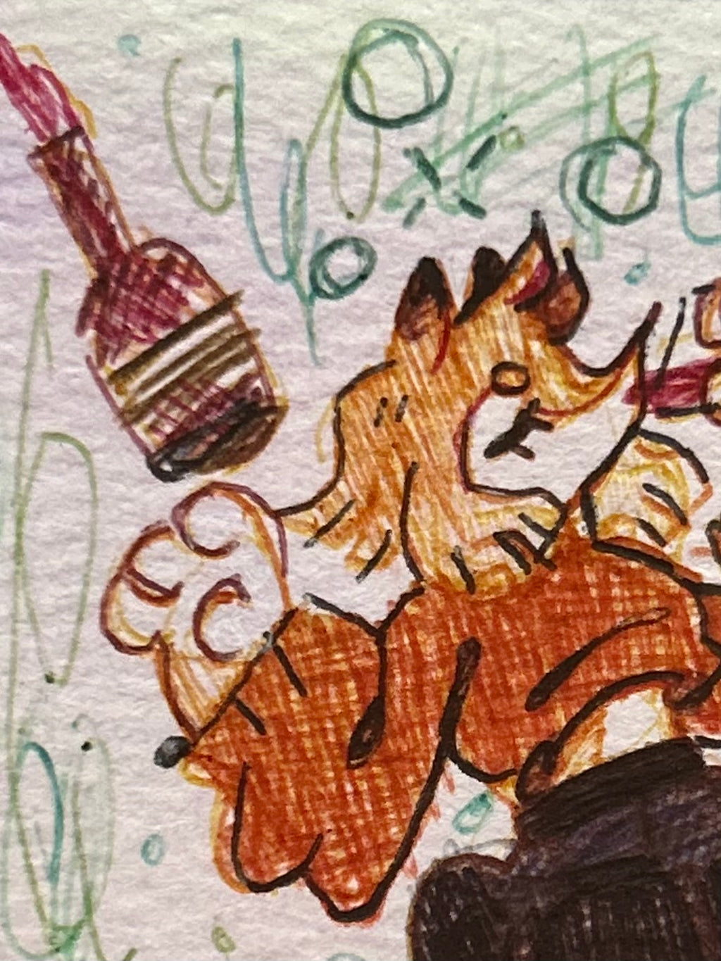 Macro view of Floating original artwork highlighting the detailed brown ink hatching on the character's clothing, long hair, and expressive features on paper by Canvas of Sug