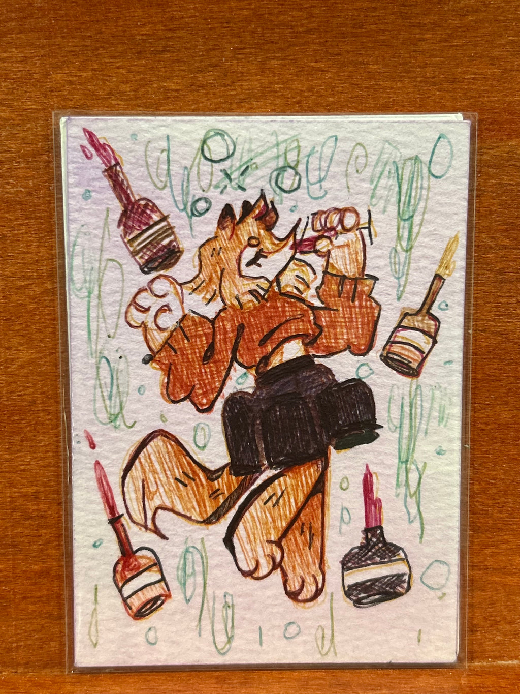  Full view of the original mixed media illustration titled Floating featuring a fantasy character in an orange sweater surrounded by floating glowing ink bottles by Canvas of Sug.