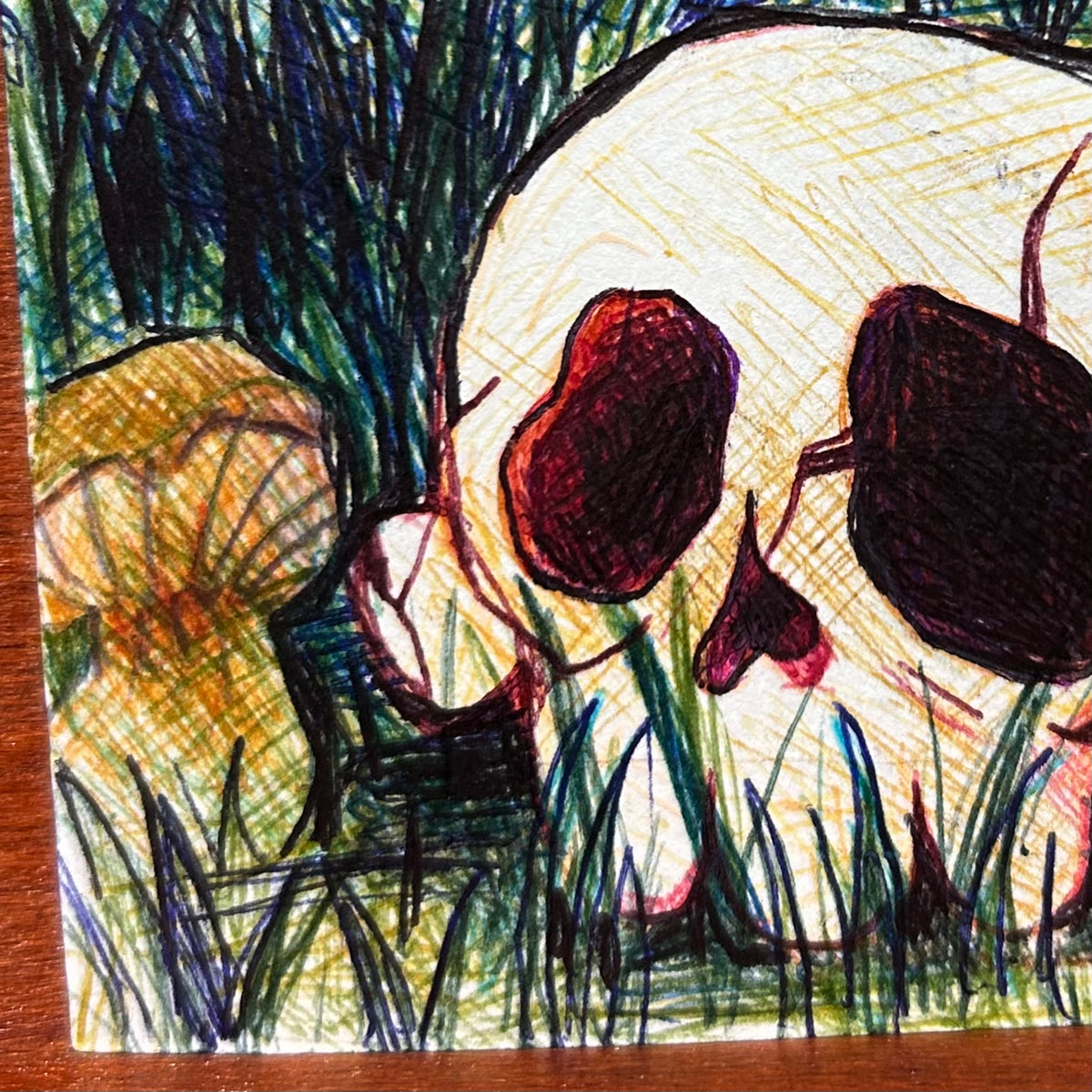 Detailed close up of abstract patterns from Forgotten illustrating a small hand-drawn mushroom nestled inside dense blue and dark green ink grass blades by Canvas of Sug.