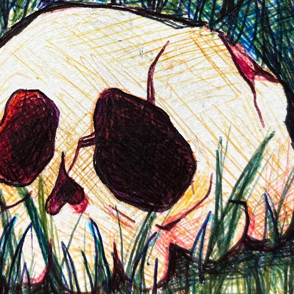 Macro view of Forgotten original artwork highlighting the detailed ink cross-hatching, bone cracks, and hollow black eye sockets of the skull by Canvas of Sug.