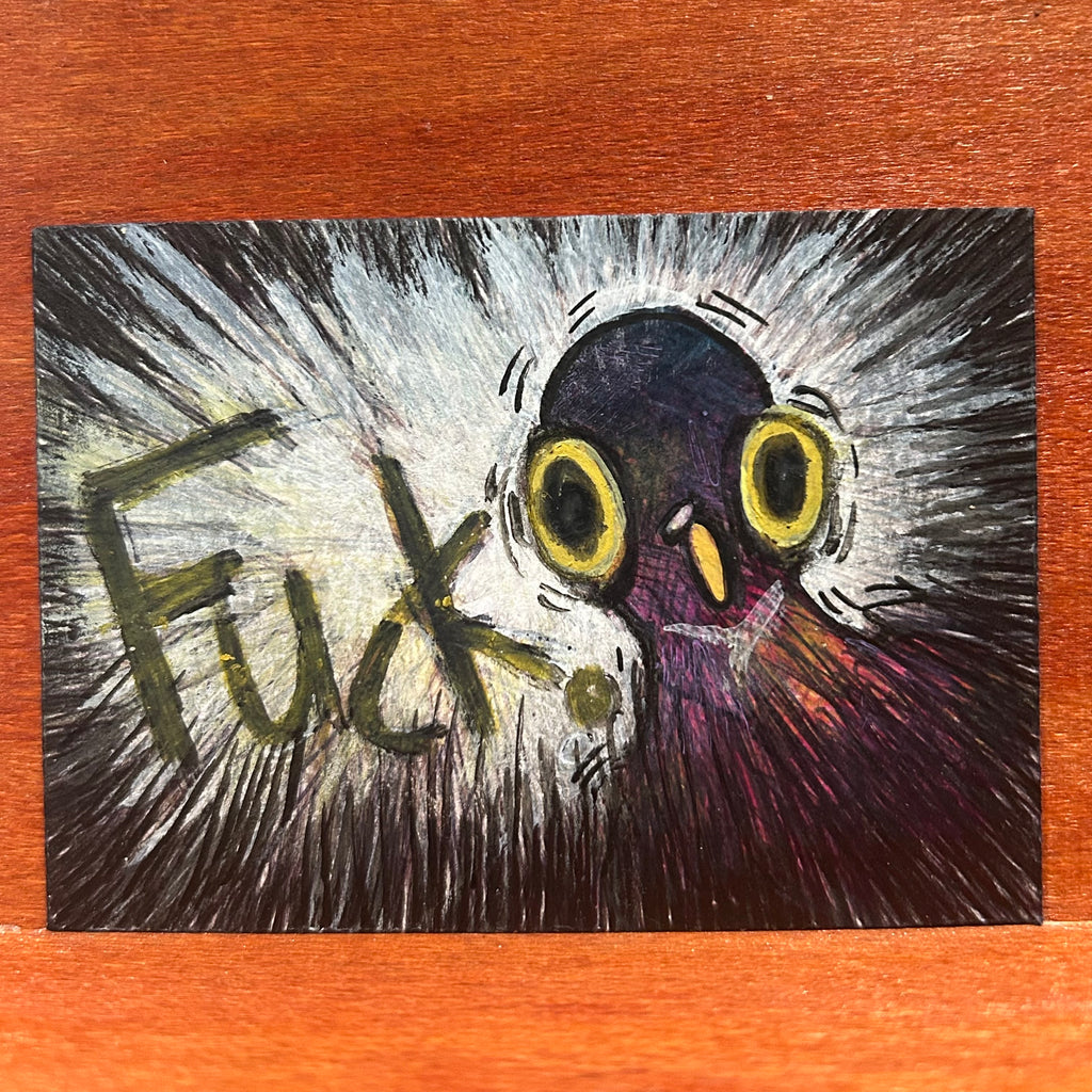 Full view of the original abstract painting titled F*ck featuring a panicked dark purple figure with wide yellow eyes and radiating white burst textures by Canvas of Sug