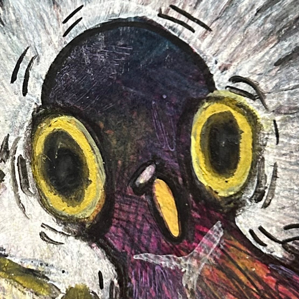 Macro view of the original artwork titled F*ck highlighting the intense textured pencil shading, vibrant yellow circular eyes, and detailed dark purple color gradients by Canvas of Sug