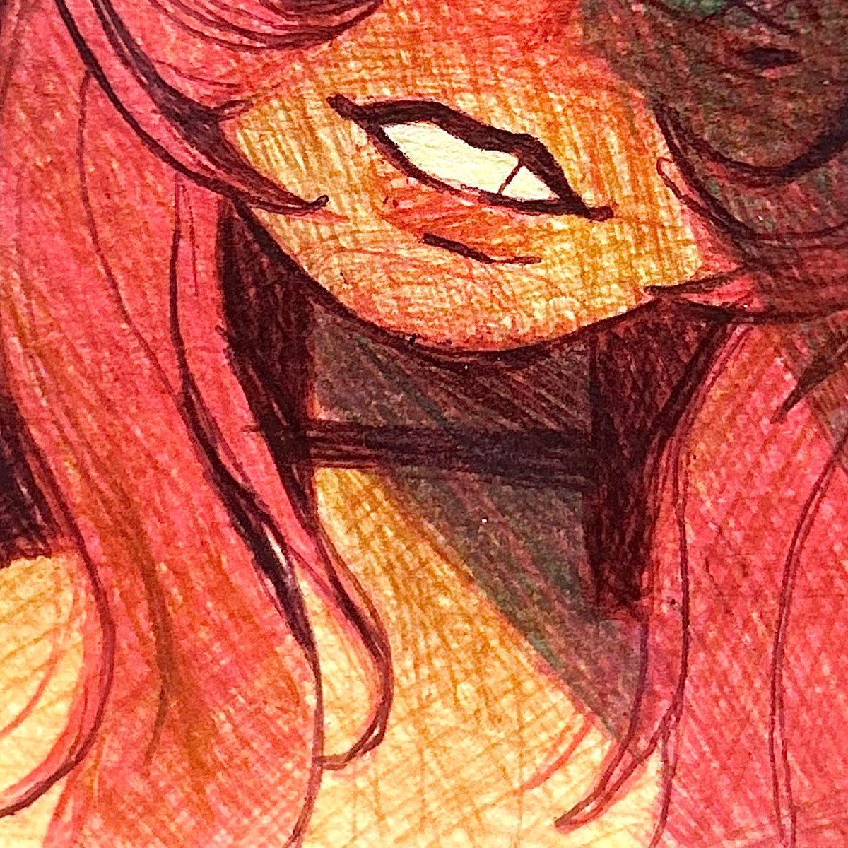 Detailed close up of abstract patterns from Love Me Back illustrating the rich crimson and wine-red pencil shading layers throughout the character's flowing hair by Canvas of Sug