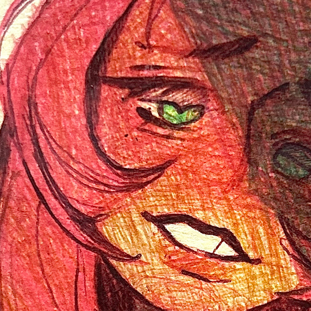 Macro view of Love Me Back original artwork highlighting the brilliant green iris, detailed cross-hatching pencil lines, and dark shadow over the character's eye by Canvas of Sug.