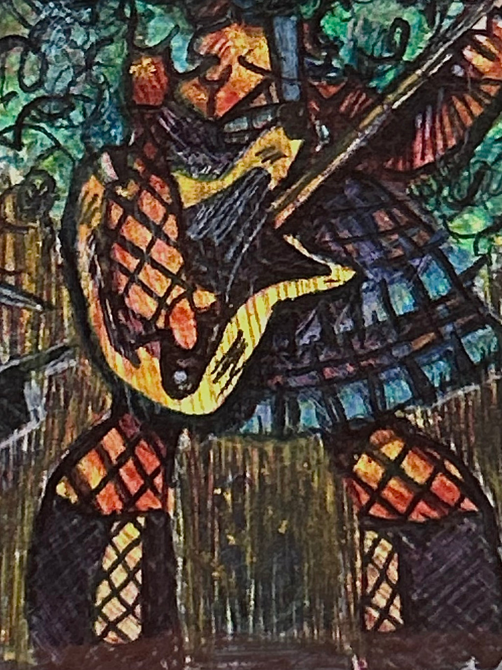 Detailed close up of abstract patterns from Reactive illustrating the cross-hatched fishnet stockings, platform boots, and sharp black lightning bolt shapes on paper by Canvas of Sug