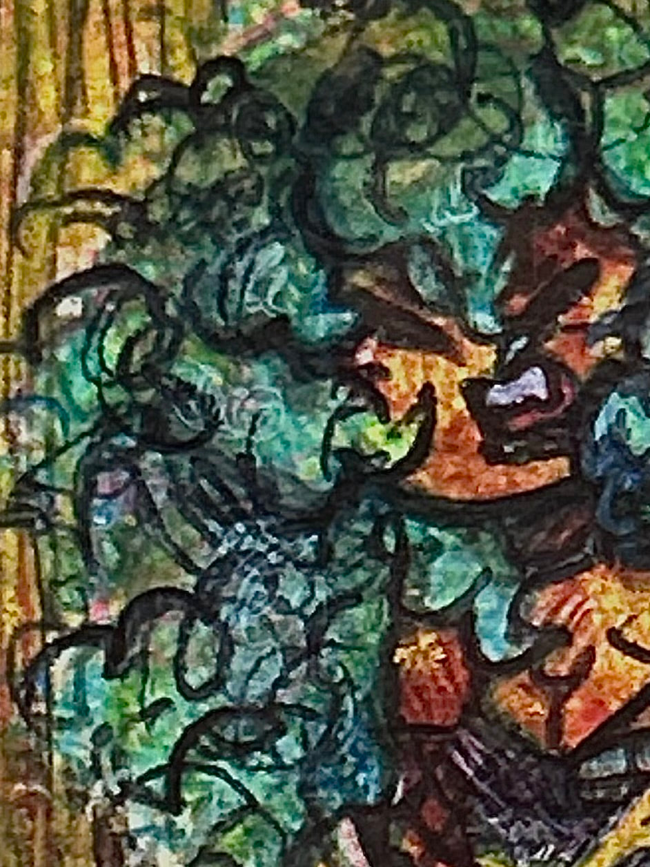 Macro view of Reactive original artwork highlighting the detailed ink texturing of the voluminous teal curls, expressive face, and yellow electric guitar by Canvas of Sug.